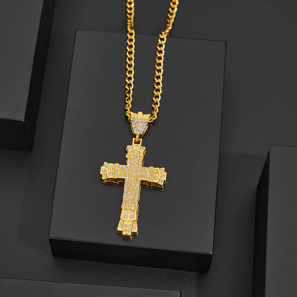 1 Style Men'S Rhinestone Christian Cross Rhinestone Pendant Necklace Personality Fashion Street Domineering Chain Jewelry