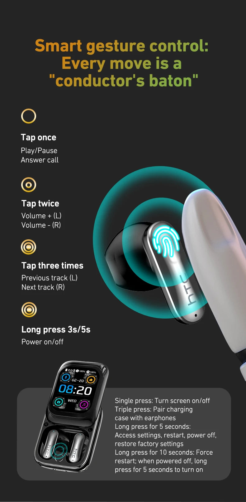 Sliding Cover Bluetooth Headphones Wireless Earbuds 30Hrs Playback Earphones AI Translation Headset Clear Sound Noise Cancelling