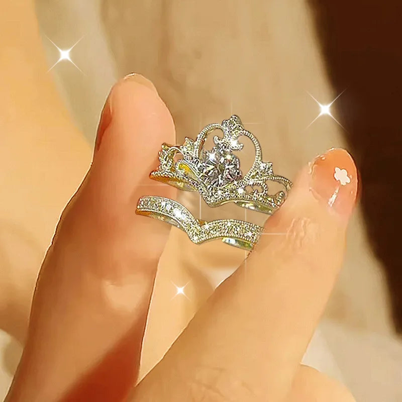 LATS 2PCS Crystal Crown Adjustable Ring Irregular Geometry Vintage Rings Set for Women Girls New Fashion Jewelry