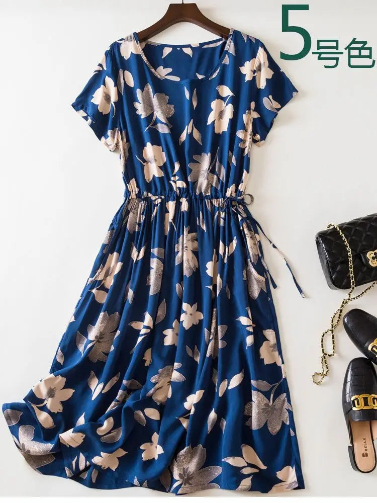 Cotton Silk Dress Women's Short Sleeved 2026 Summer New Ladies Slim Round Neck Temperament Beach Print Dresses