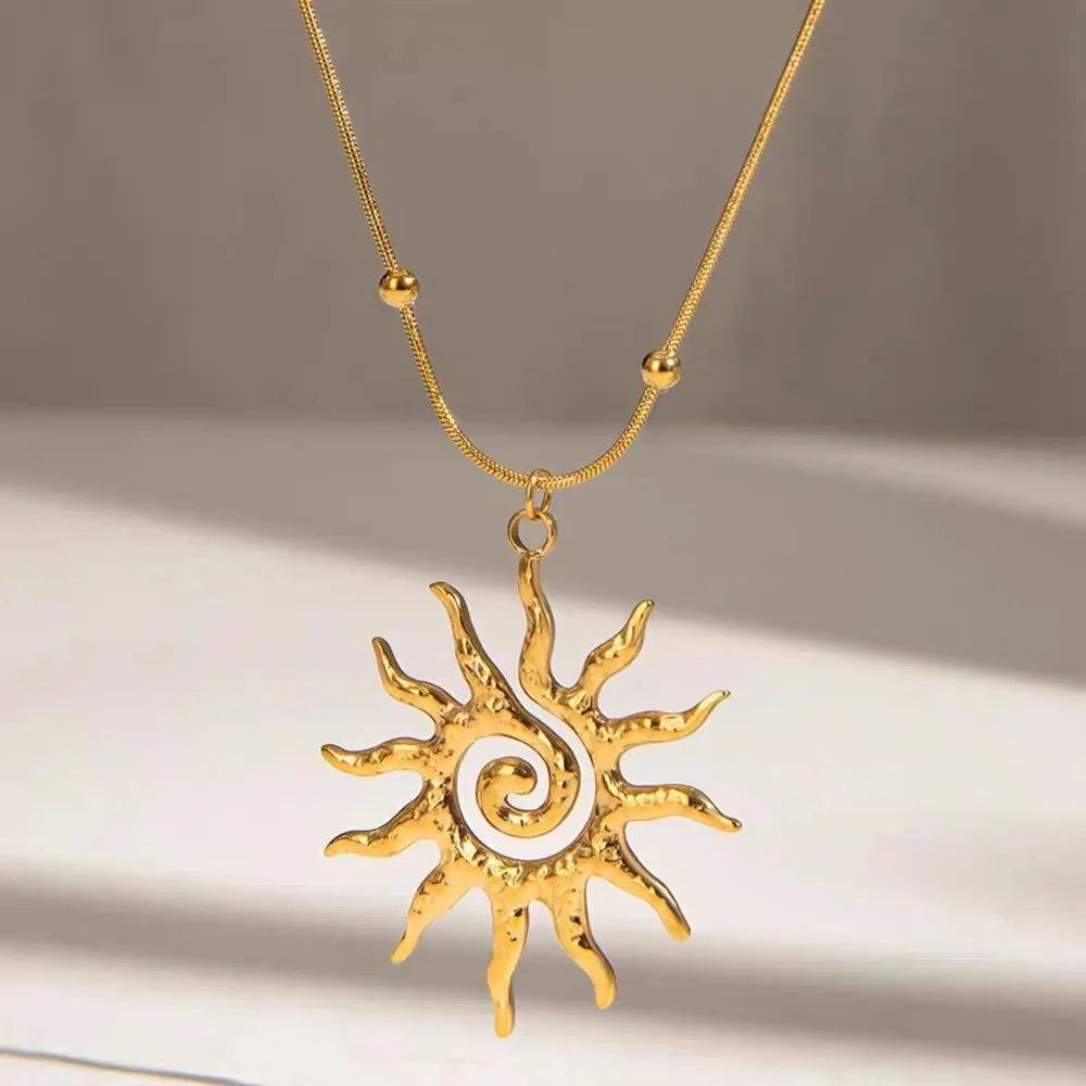 Fashion Vintage Chic Sun Shaped Pendant Necklace Stainless Steel Earrings Statement Fashion Jewlery Accessories