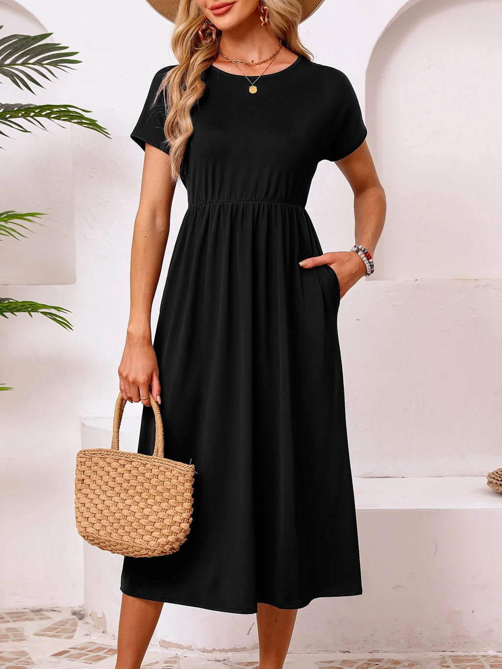 New Casual Round Neck Short Sleeve Solid Flowy Maxi Dress Women EU US Gown
