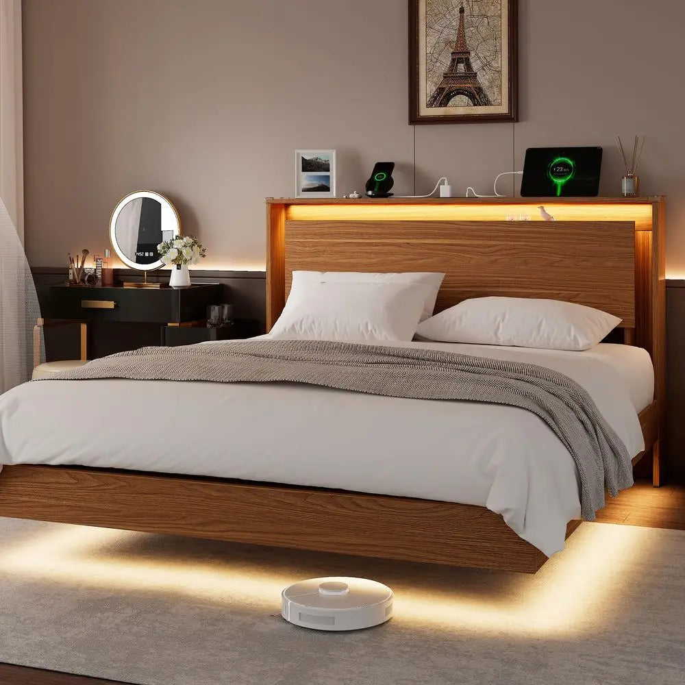 Bed Frame Queen Size with LED Lights amp Charging Station Kids Wood Floating Queen Bed Frame with Storage Headboard, Adhesive S