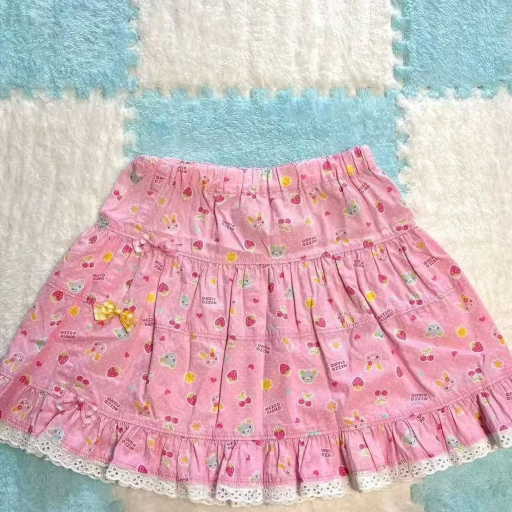Japanese Sweet Skirt Strawberry Bunny Print Y2k Retro Bow Lace Kawaii Harajuku Subculture Casual Bottoms 2026 Summer Streetwear