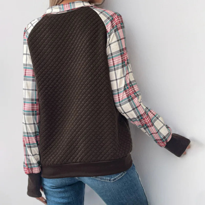 Women's Quilted Half Zip Pullover Plaid Sleeve Kangaroo Pocket Sweatshirt 2026