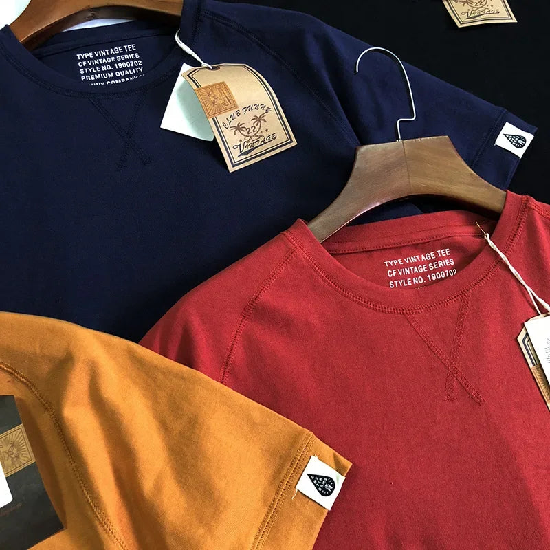 220gsm Heavyweight 100% Cotton Raglan Sleeve T-shirt Men's Short Sleeve Japanese Retro Loose Round Neck Summer T-shirt Tees Tops