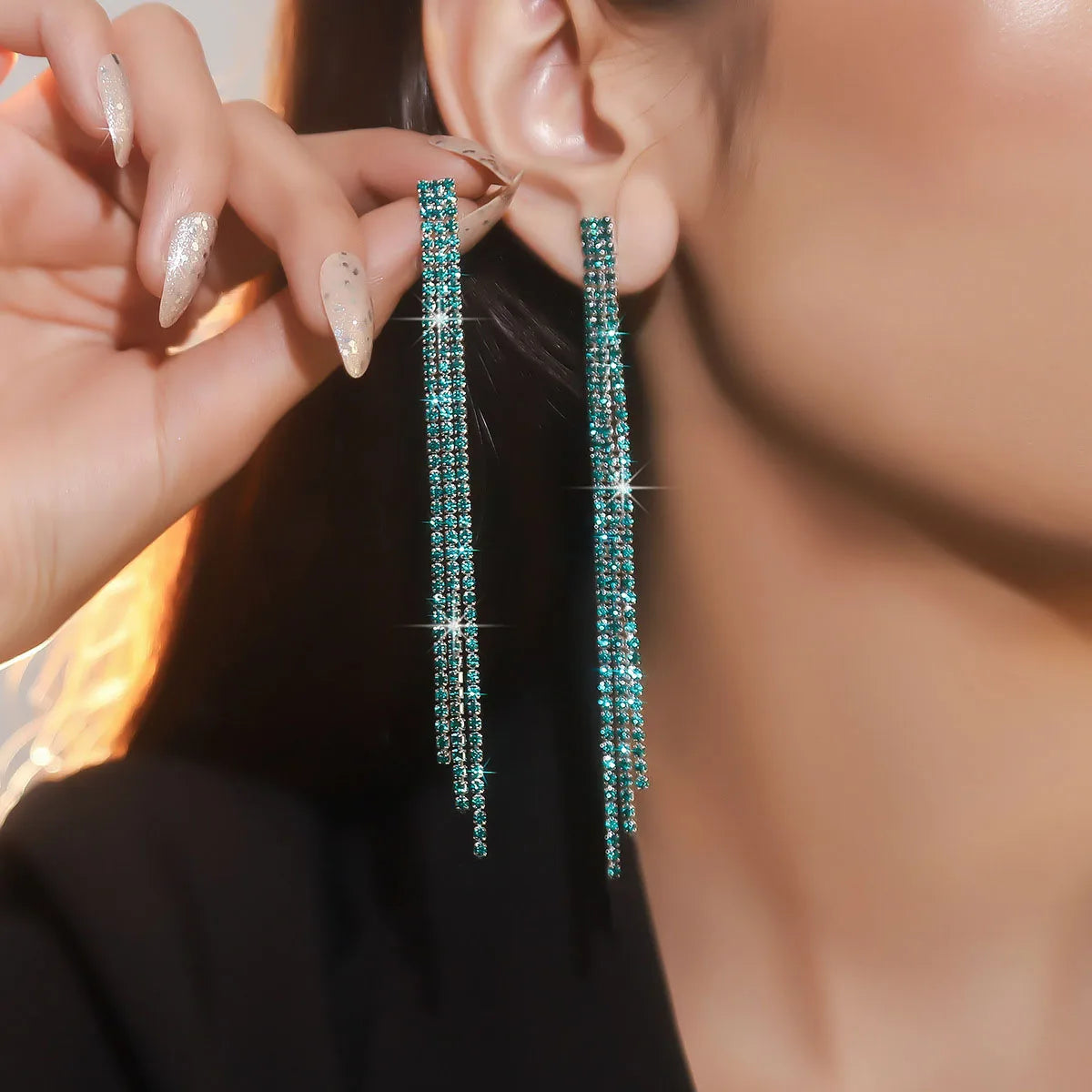 Treazy Shiny 4 Lines Rhinestone Crystal Tassel Long Earrings For Women'S Wedding Hanging Dangle Earrings Bridal Brincos