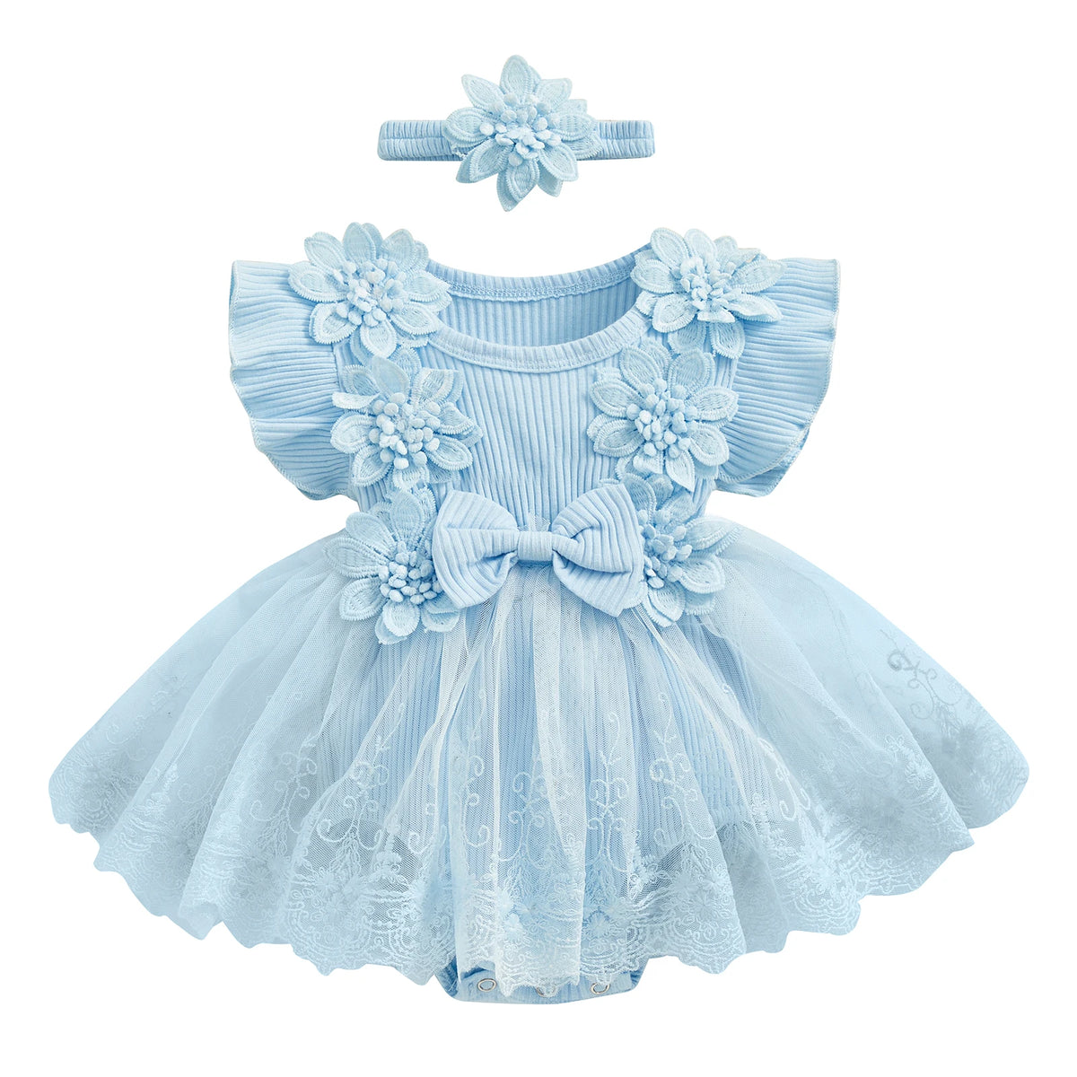Baby Girls 3D Flower Mesh Lace Ruffle Romper Dress and Headband Set