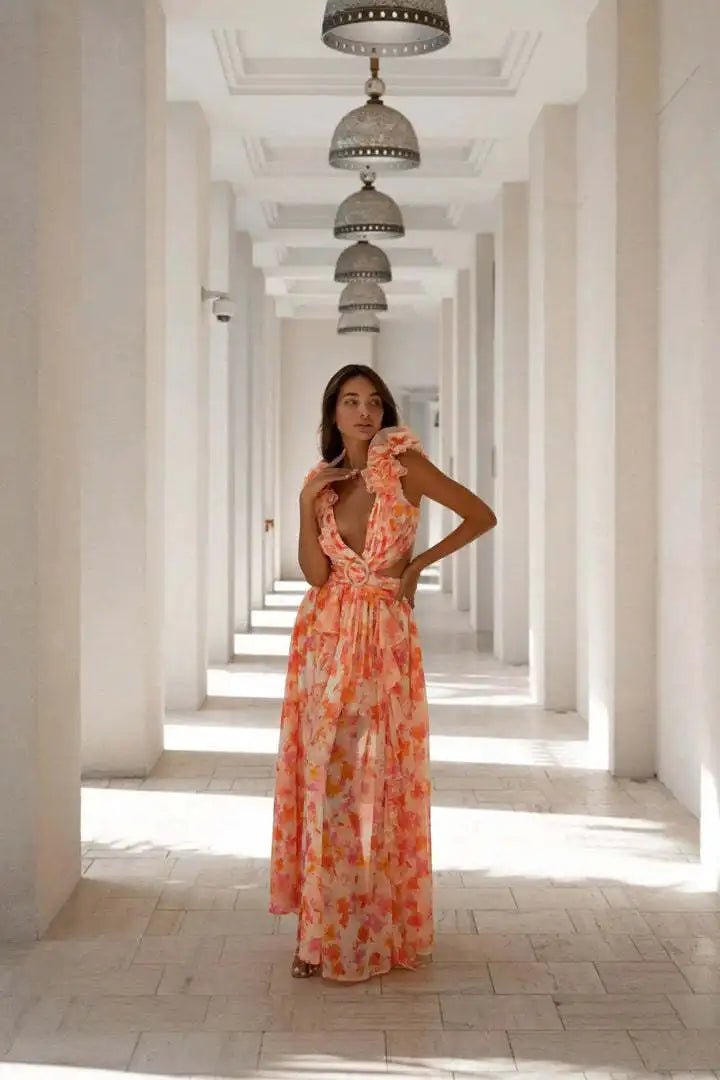 Deep V-Neck Backless Slim Fit Ruffled Floral Dress Summer Vacation Sexy Print Long Dress