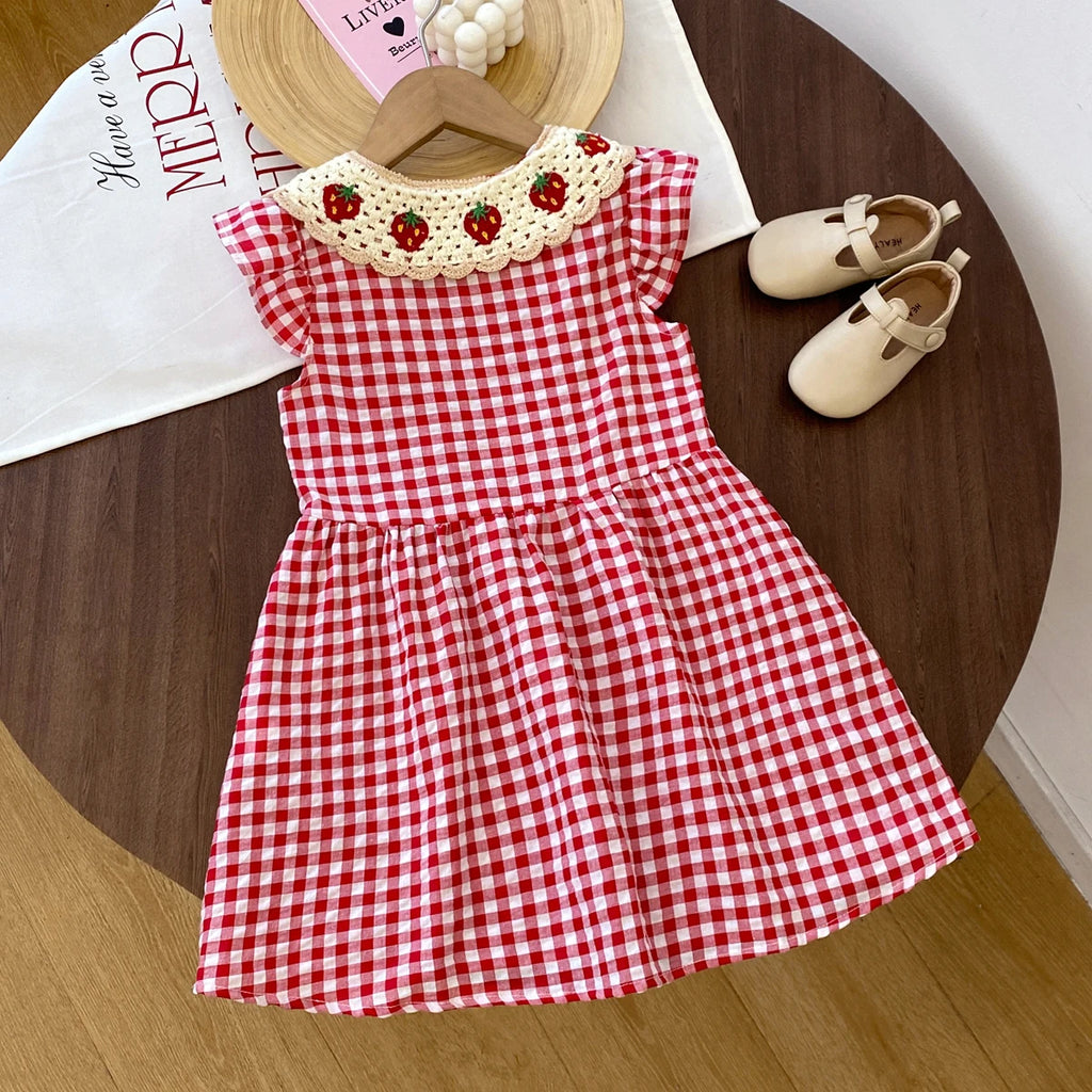 Humor Bear Girl Casual Dress 2026 New Fashion Strawberry Crochet Collar Plaid Flying Sleeve Dress Cute Outfits Girls Vestidos