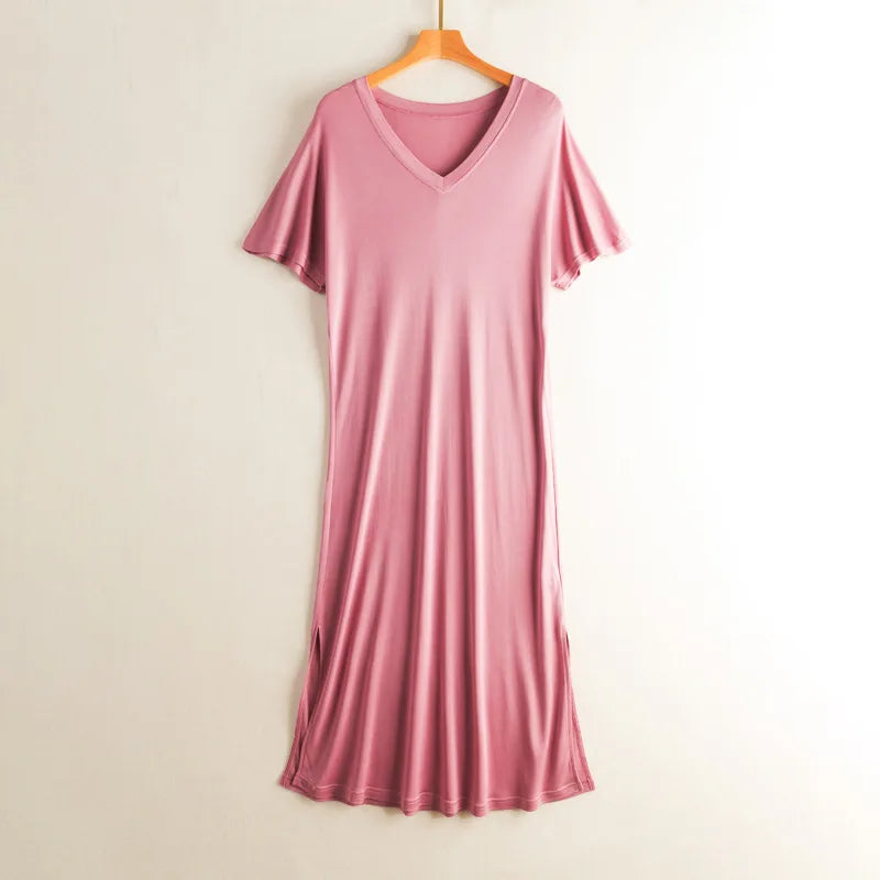 Women's Casual Summer New 23% Natural Mulberry Silk Side Slit V-neck Loose Shoulder Short Sleeved Solid Color Base Knitted Dress