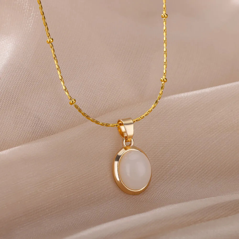 Fashion Stone Opal Oval Necklace For Women'S Stainless Steel Gold Color Oval Stone Pendant Necklace Wedding Aesthetic Jewelry