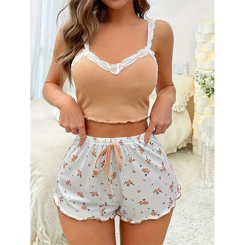 Plus Size Women's Lace Vest Pajama Casual Cute Printed Comfortable Athletic Shorts Women Summer Set Y2K Sexy Micro Shorts Pink