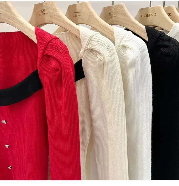 Women's Knitted Short Sweater Square Collar Base Shirt Color Collision Design Sensation Autumn Winter Special Edition Top