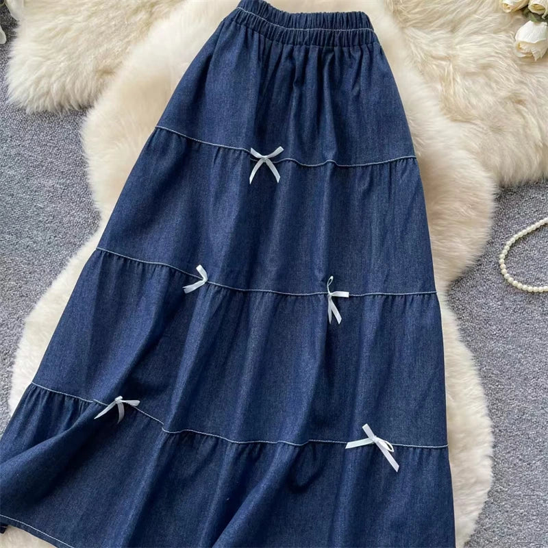 Karofi Vintage Cotton Layered Denim Skirt Women Elastic High Waist Bow Detail Flowy Long Casual A Line Long Midi Skirt