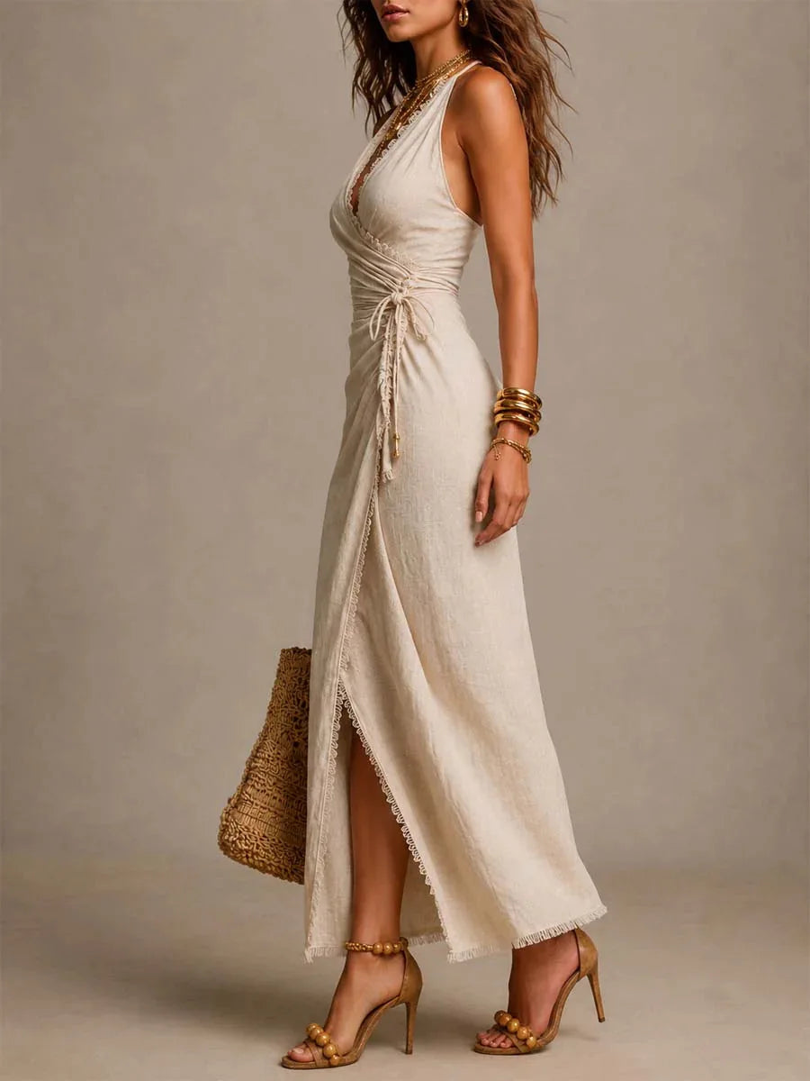 Women's Dress Elegent Solid Color Summer Deep V Neck Sleeveless High Split Lace Trim Wrap Lace-up Bohemian Vacation Dresses