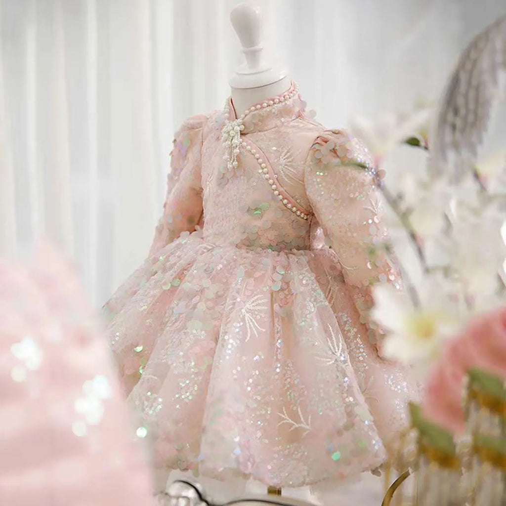 Dreamy Vow J807 Charming Chinese Style Applique Embroidered Girl Dress With Bow Pearl Holiday 1st Birthday Party Short Ball Gown