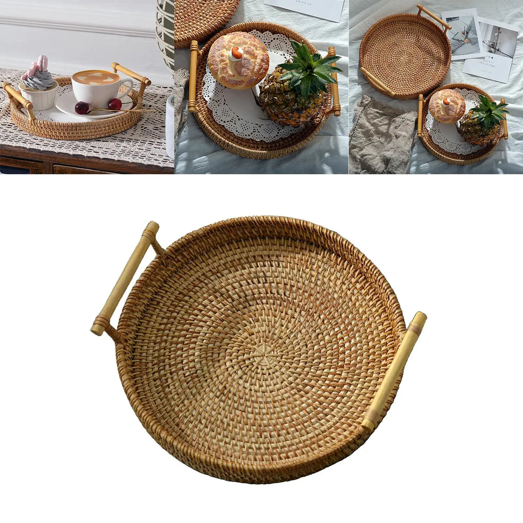 Hand-Woven Basket Storage Tray with Handles Food Tea Decorative