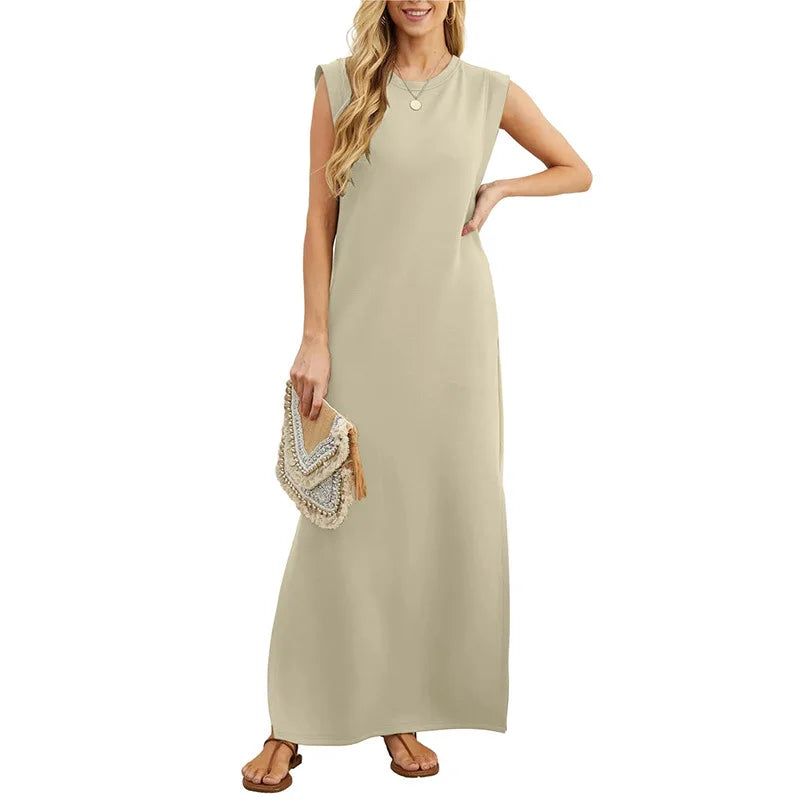 Lady Casual Solid Color Streetwear Summer Fashion Sleeveless Loose Long Dress Woman's Simple Style Slit Hem With Pocket Vestidos