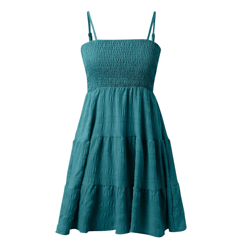 Bohemian Beach Sundress Women Sexy Sleeveless Backless Big Swing Mini Dress Solid Spaghetti Strap Ruffles Dresses Vestidos