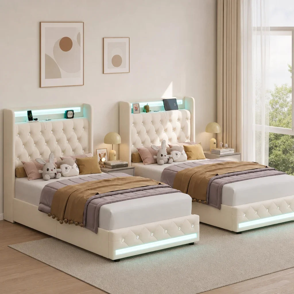 2 Set Upholstered Twin LED Bed Frames w/Storage & Charging Headboard, Beige | Velvet Crystal Button-Tufted Princess Twin Size