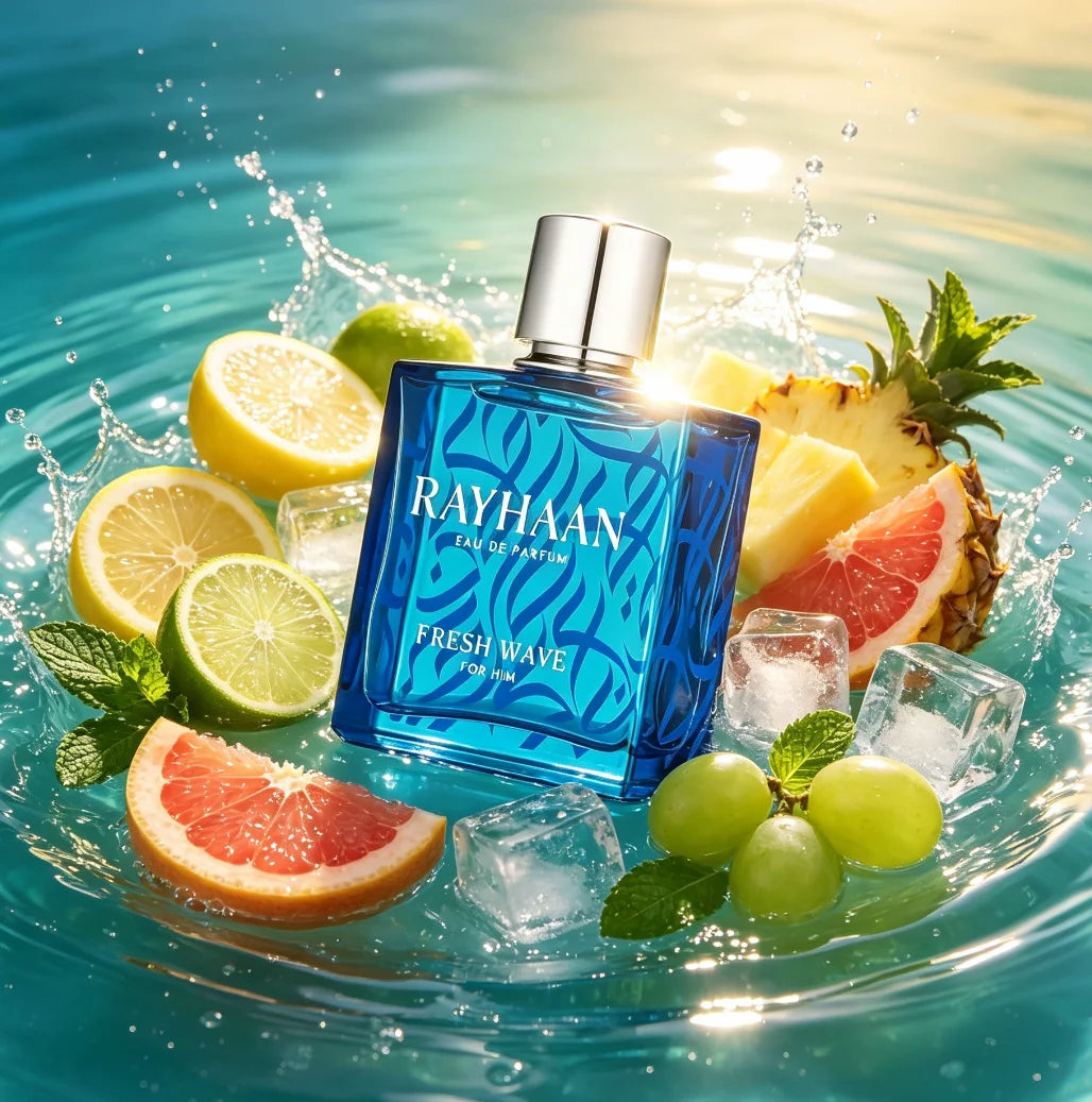 Rayhaan Fresh Wave For Him 100Ml Eau De Parfum. Exquisite Aqua‑Series Gift Box And Ice‑Blue Bottle. Crisp Ocean Scent, Premium Decent Gift Choice For Men On Various Occasions.