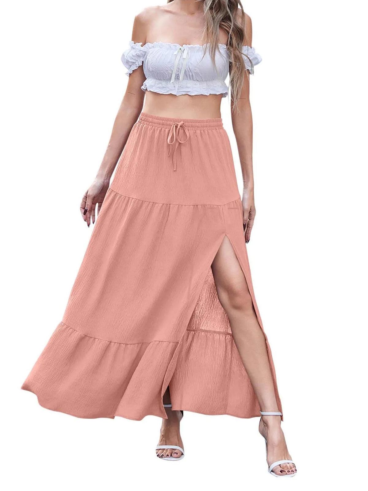 Women's Boho Summer Elegant High Waist Side Slit A Line Skirt with Drawstring Elastic Waist Solid Color Casual Maxi Dress