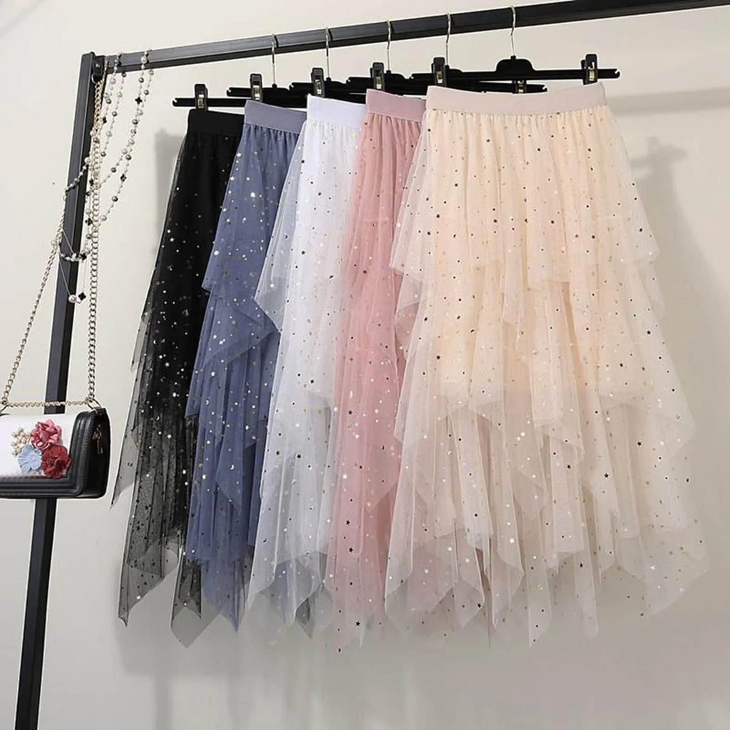 Women Puffy Tulle Skirt Elegant Candy Color Star Glitter High Waist Large Swing Tutu Skirt Fairy Irregular Layered Dance Skirt
