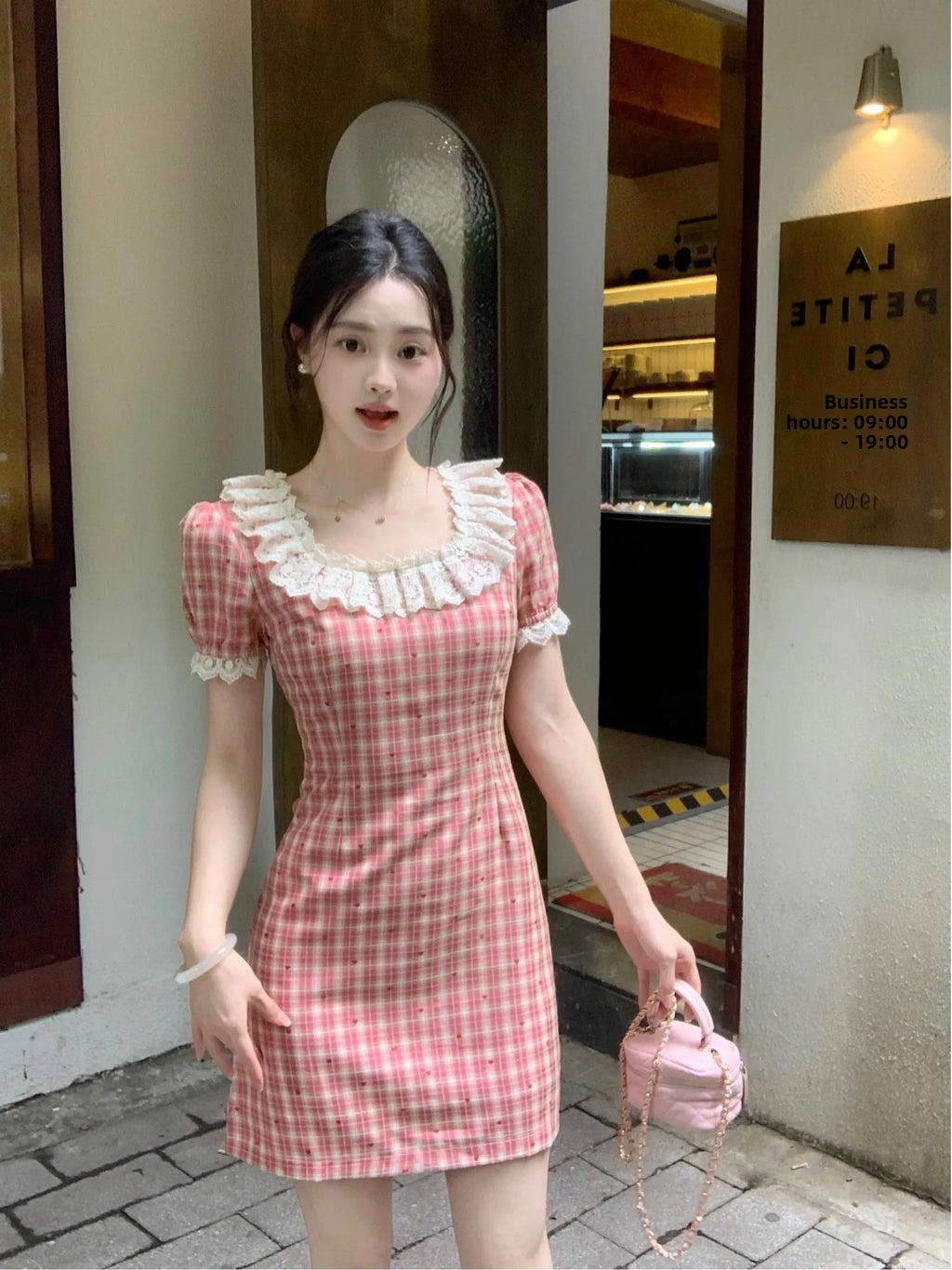 Plus Size Red Plaid A-Line Dress | High Waist Lace Trim Korean Style