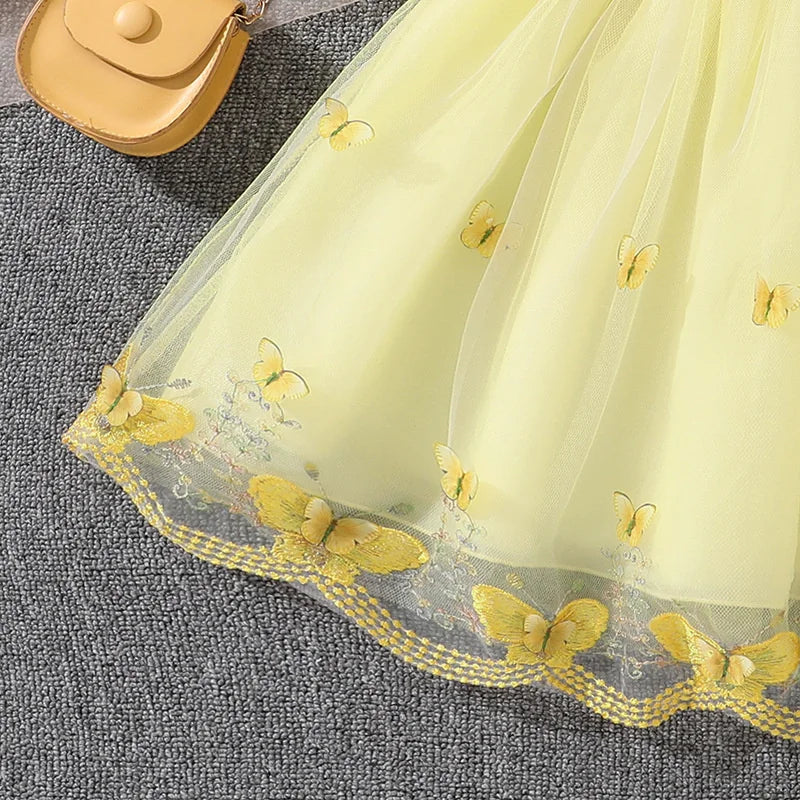 2026 New Children Cute Puff Dresses Kids Bow Embellish Butterfly Print Skirt Girls Birthday Party Trend Gown Baby Sweet Clothes
