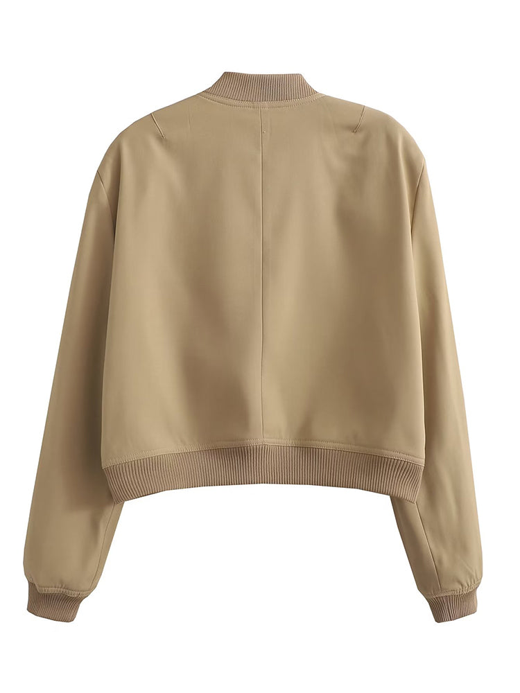 Women's Vintage V-Neck Bomber Jacket with Pockets