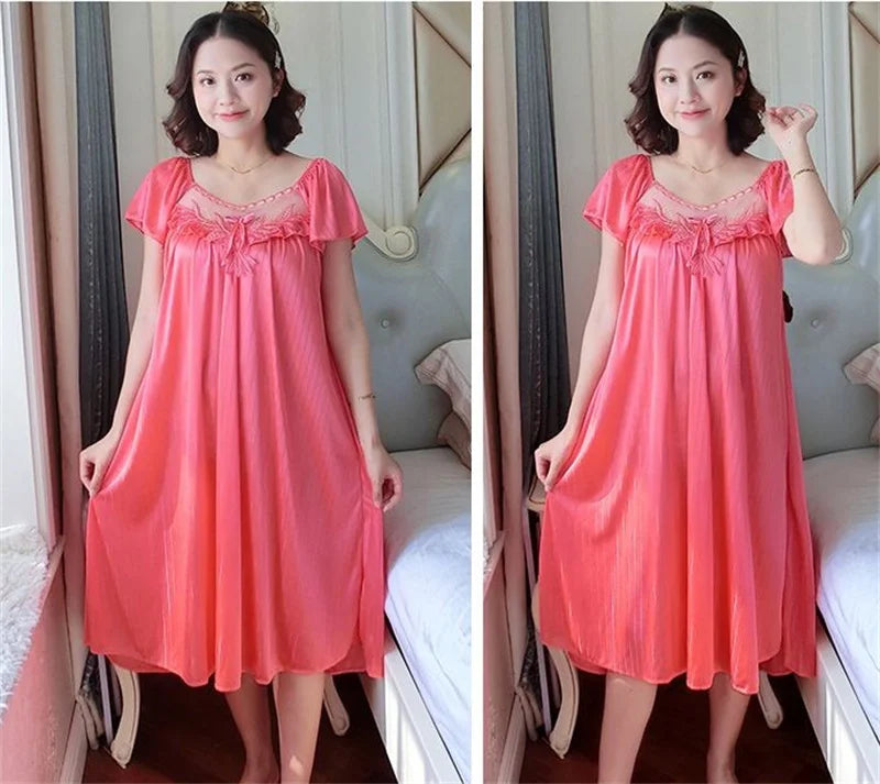 Ladies Ice Silk Nightgowns Sleeping Dress Medium Length Short Sleeve Nightdress Sexy Sleepwear Home Wear Loungewear Pyjama Femme