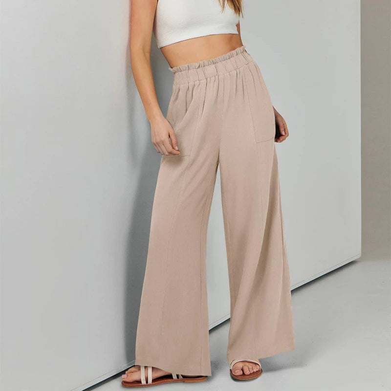 Women's Ruffle Elastic High Waist Wide Leg Pants Loose Casual Long Trousers With Pockets Spring Summer Daily Wear