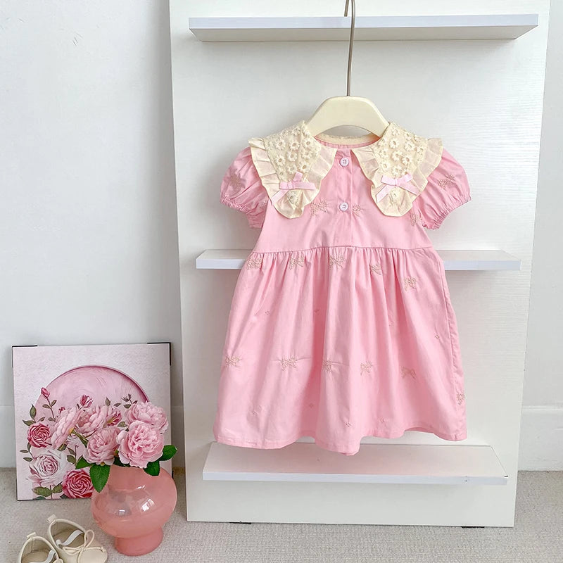 Girls Bow Princess Dress | Puff Sleeve Embroidery Party Dress