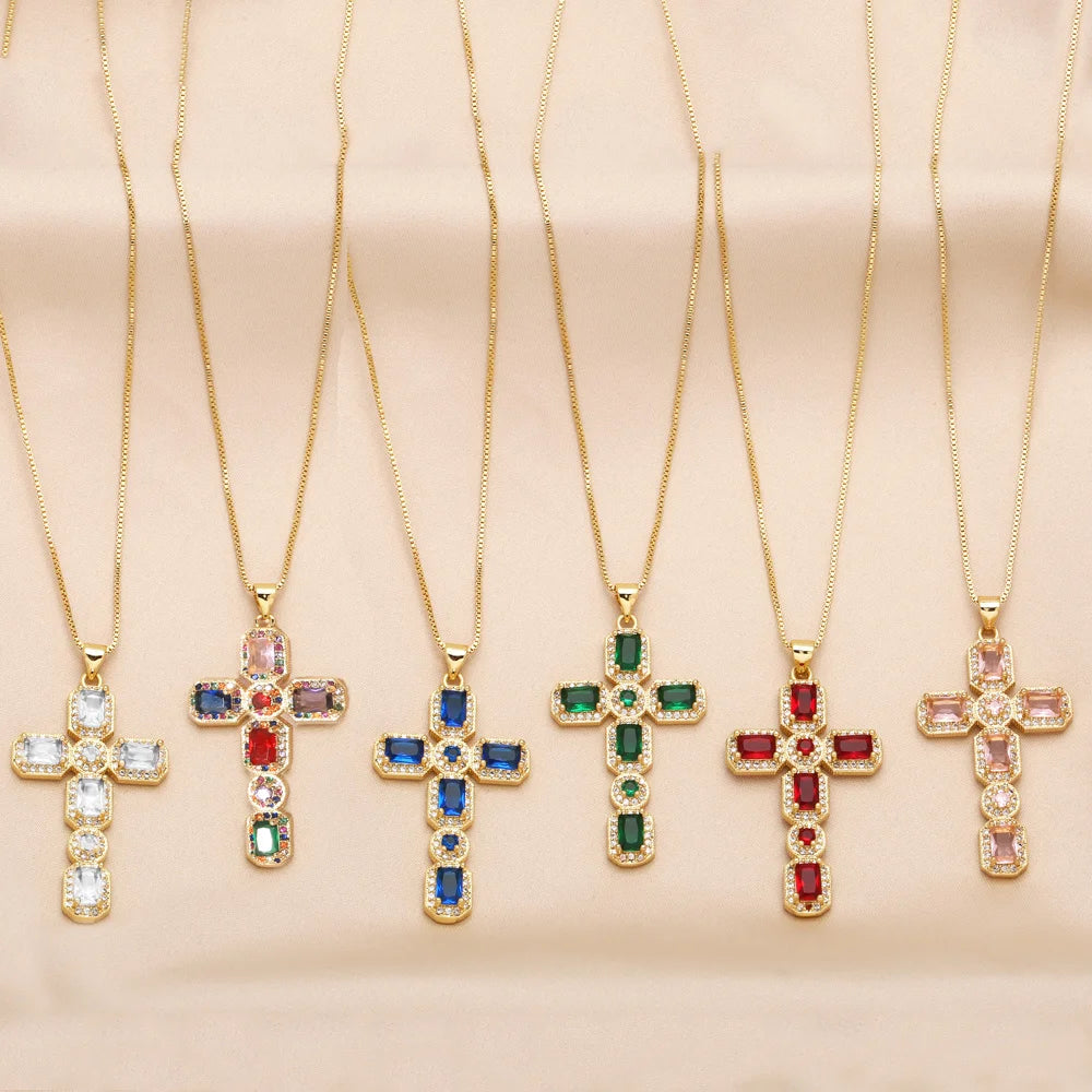Flola Women'S Crystal Cross Necklaces Multicolor Luxury Pendant Necklaces Christian Copper Gold Plated Religious Jewelry Nkeb775