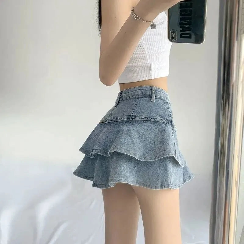 Harajuku Y2k Kawaii Hot Girl Denim Skirt College Style Women Pleated Skirt Jeans Casual High Waist Mini A-line Short Skirt