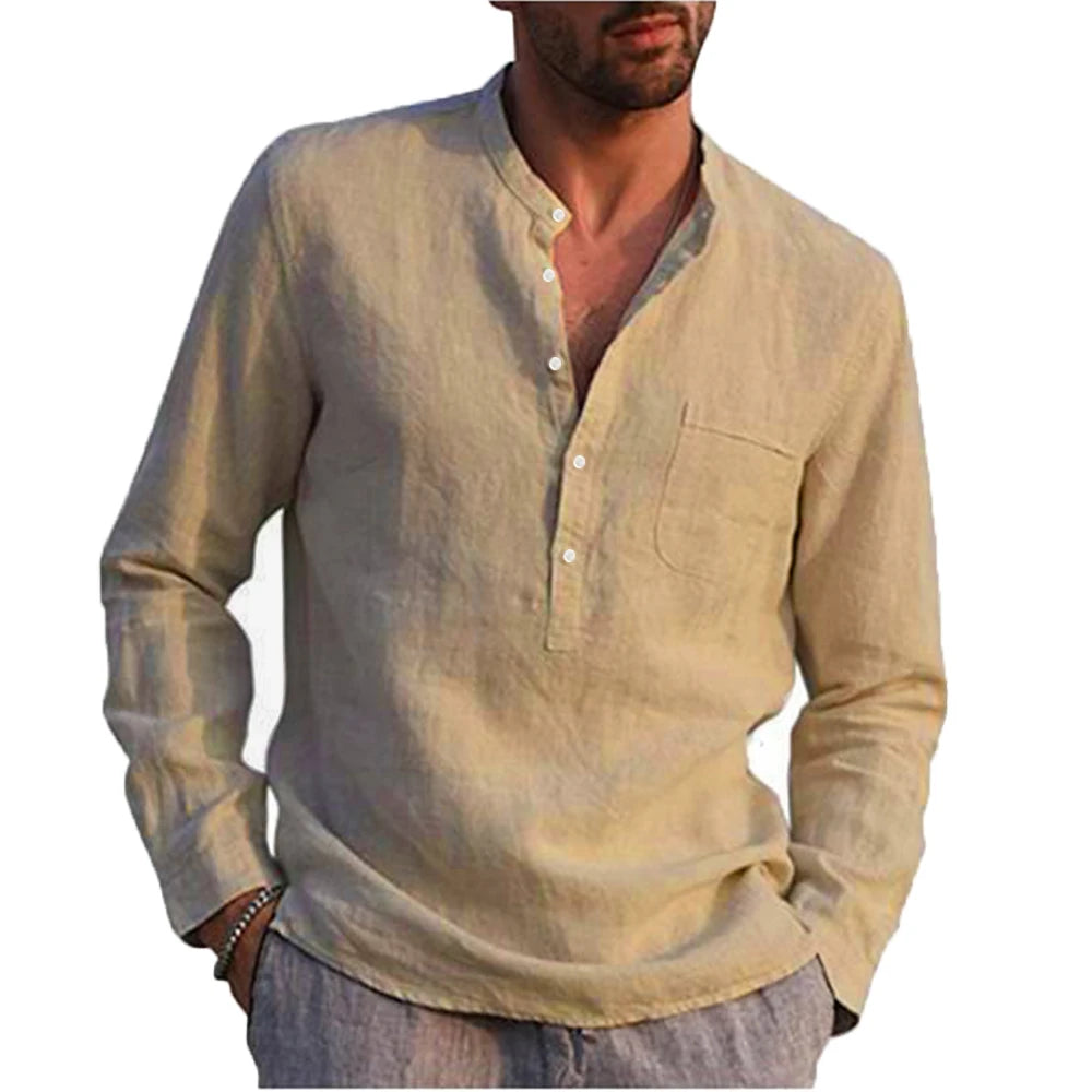 Cotton Linen  Men'S Long-Sleeved Shirts Summer Solid Color Stand-Up Collar Casual Beach Style Plus Size