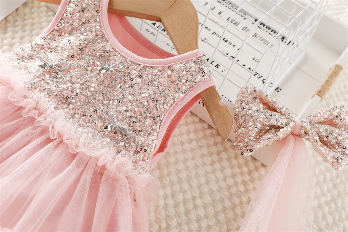 2026 New Summer 1-5Y Childrens Dress Sequin Tulle Sleeveless Girls Dress with Bow Decorations and Matching Sequin Veil