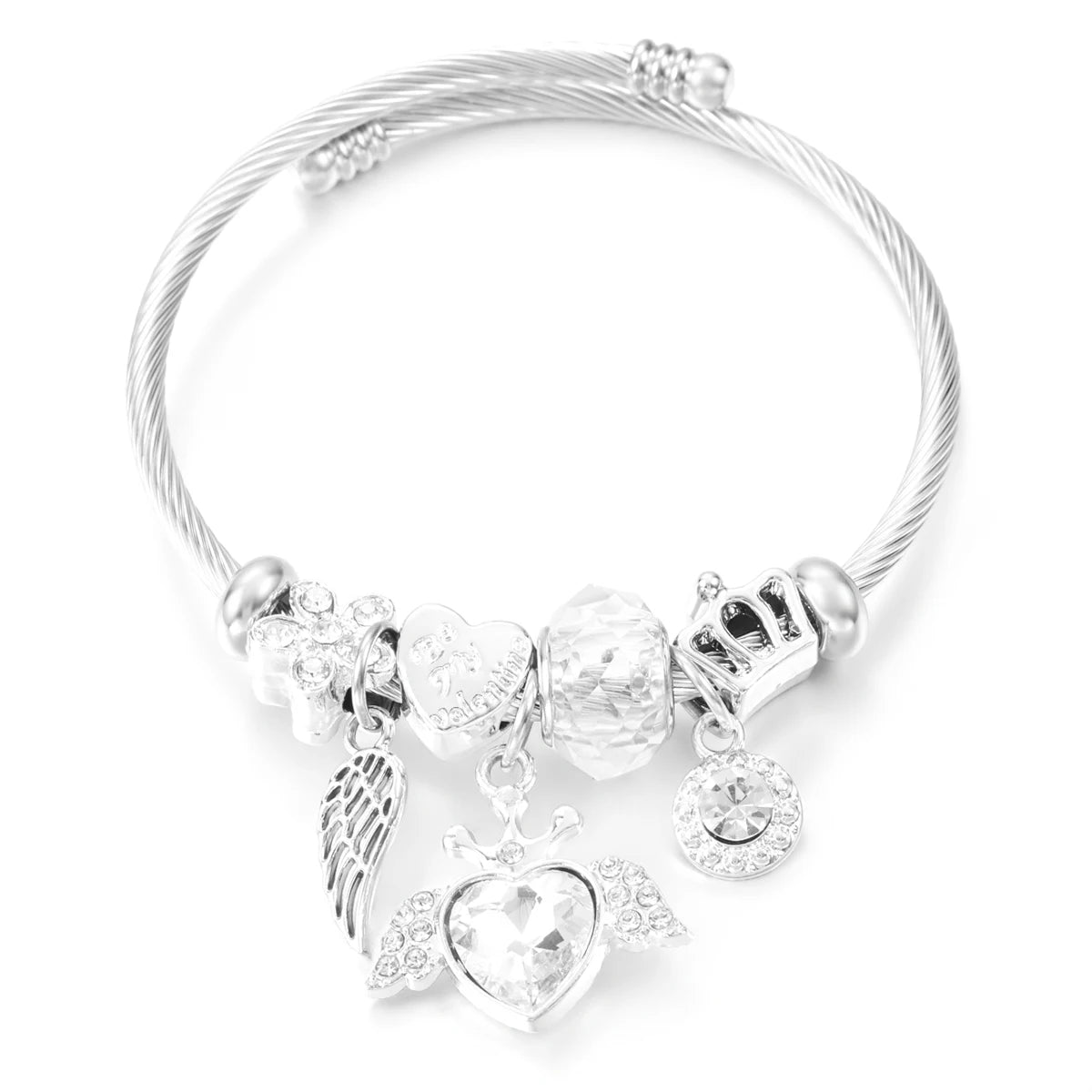New Trendy Rhinestones Dragonfly Crystal Beaded Pendant Bracelet Stainless Steel 4 Colors Closure Bangles Women'S Bracelet Jewelry