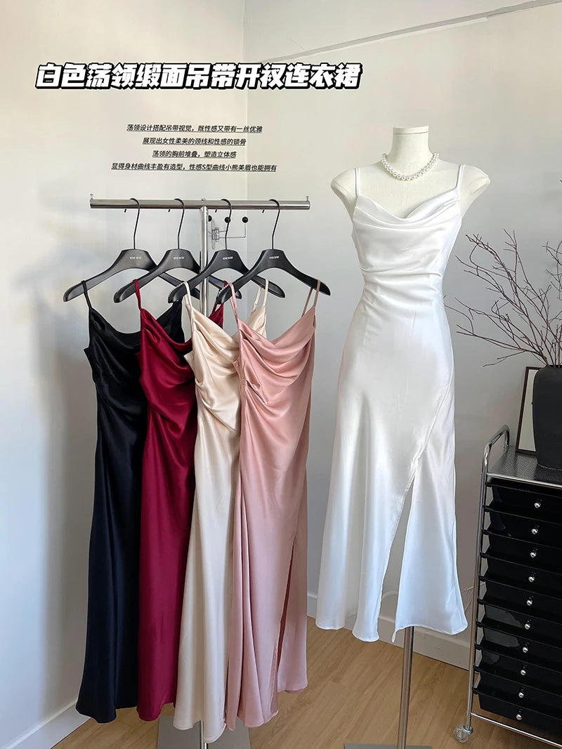 Women's Sexy Swinging Collar Satin Strap Long Dress Lady Summer Solid Color Slim Pleated Wasit Split Party Dress