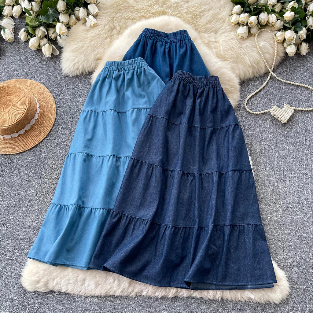 Korean Style A-Line  Skirt Women's Summer Slimming Elastic Waist Denim Patchwork Skirts City Commute Universal Long Skirts