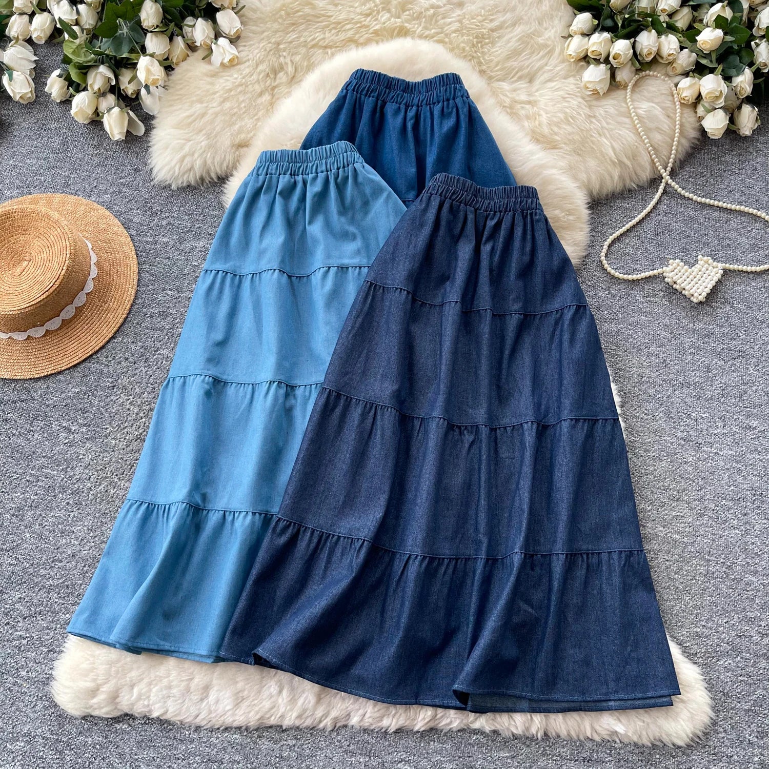 Korean Style A-Line  Skirt Women's Summer Slimming Elastic Waist Denim Patchwork Skirts City Commute Universal Long Skirts