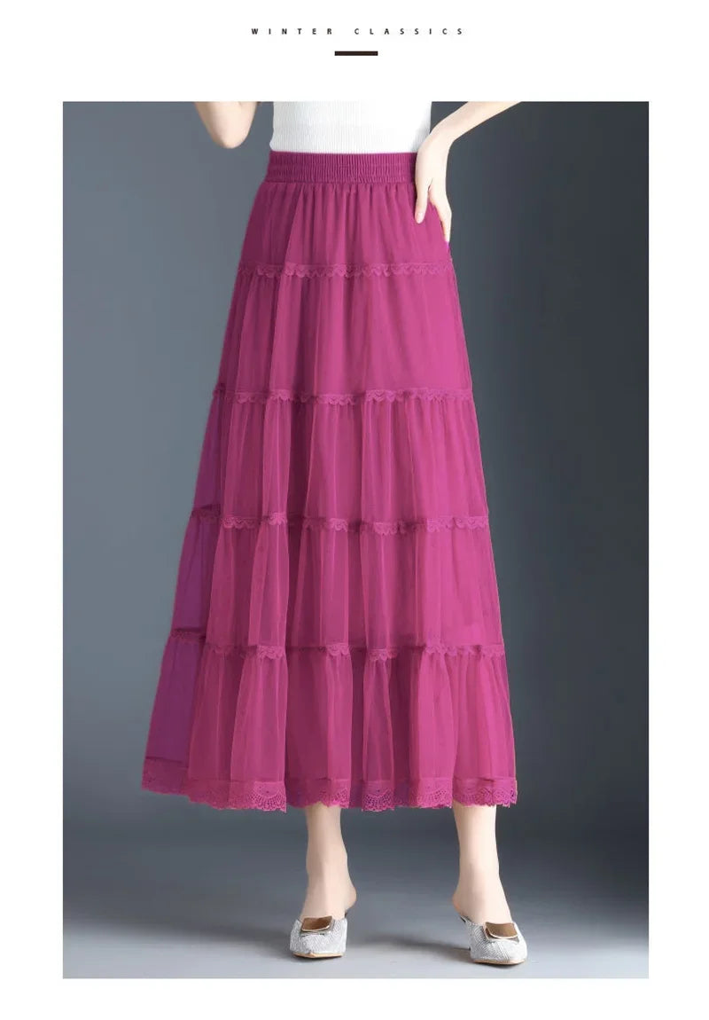 Pop Pop Long Tulle Skirt Women 2024 Spring Summer Elastic High Waist A-Line Mesh Pleated Puffy Skirt Female Elegant Lace Midi Sk
