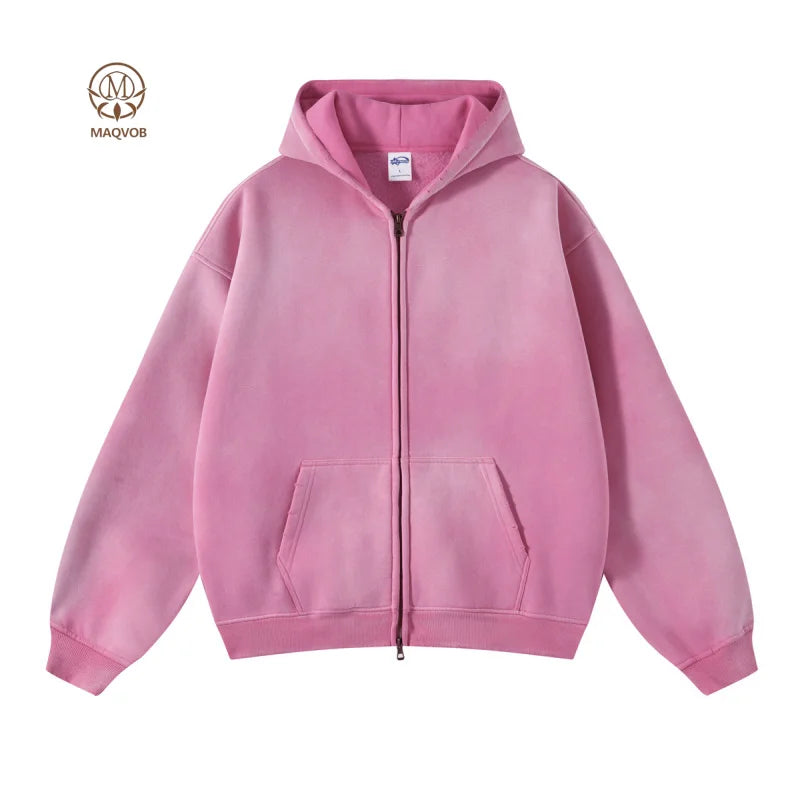 Maqvob European And American High Street Autumn Tie Dye Washed Vintage 360G Fleece Lined Double Zip Puller Sweatshirt Hoodie