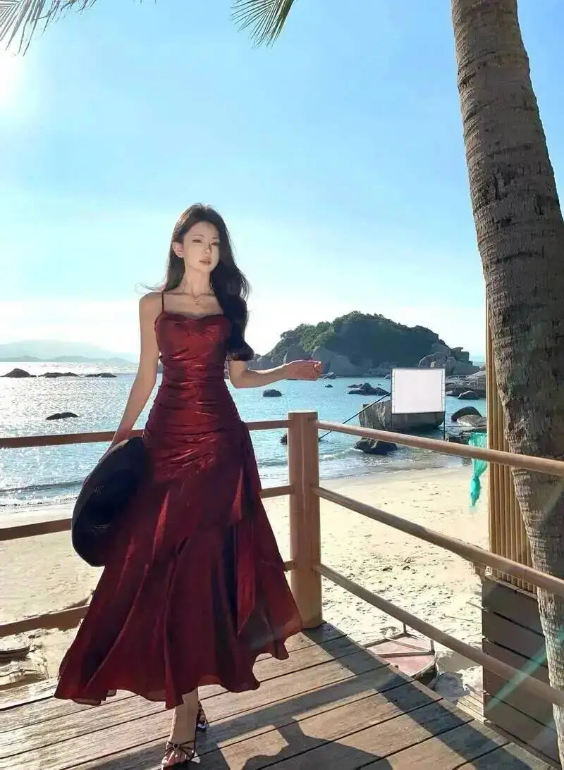 LGRQ 2026 Summer Blue Niche Strap Dress Fishtail Elegant Long Dresses Solid Color Female Elegant Party Gown 19DA2013