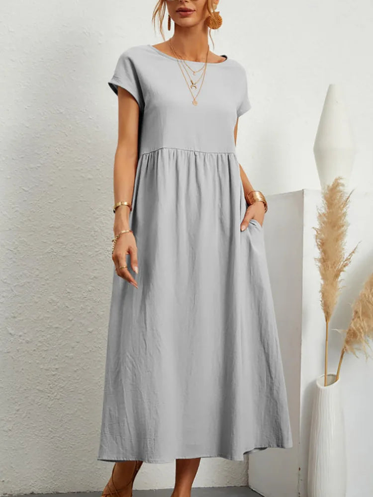 Premium Elegant Solid Cotton Linen Dress Summer Midi with Pockets Loose Fit Casual Crew Neck Short Sleeve for Beach Travel
