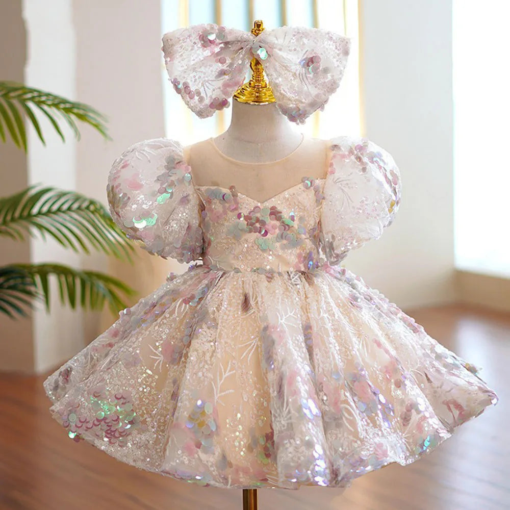 HETISO Children Evening Dresses Luxury Sequined Girls Birthday Party Fluffy Ball Gown Kids Tutu Wedding Formal Wear Gift