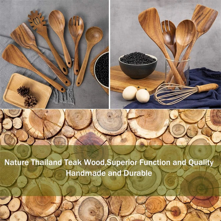 LMETJMA 10 Unidades de Utensilios de Cocina de Madera de Teca Natural, Juego de Cucharas y Espátulas de Madera para Cocinar y Hornear JT503