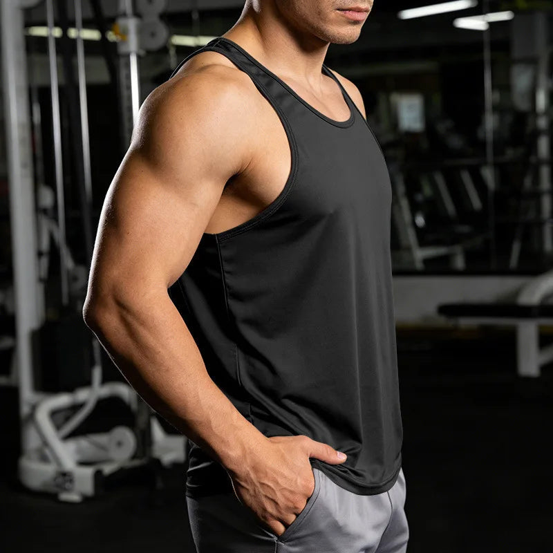 Men's Gym Sports Tank Top Muscle Aesthetic Dry Fast Workwear Polyester Fiber Summer Sport Fit Style Solid Color round Neck