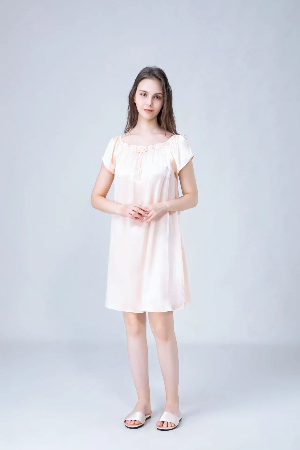 Women's 100% Mulberry Silk Sleep Dress Short Sleeve Summer Spring New Arrival Loose Solid Color Embroidered Doll Sleepwear